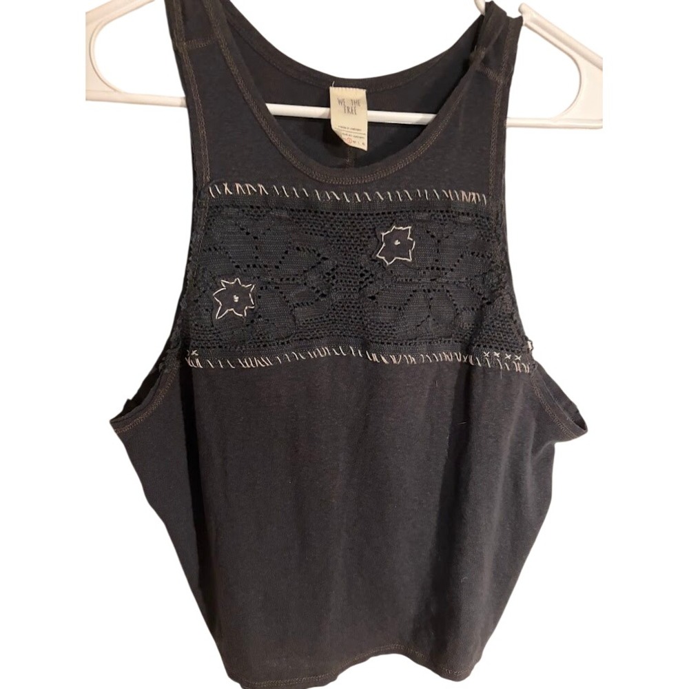 We The Free Free People Black Lace Whipstitch Embroidered Crop Tank Top Small‎